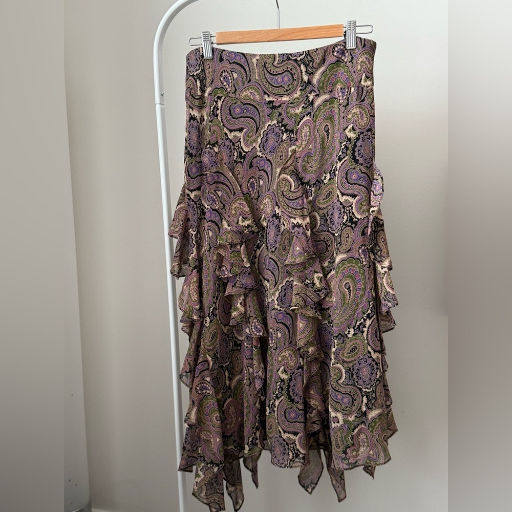 Y2K 100% Silk Floral Paisley Maxi Skirt Ruffled Tiered Asymmetrical Size 6 Boho